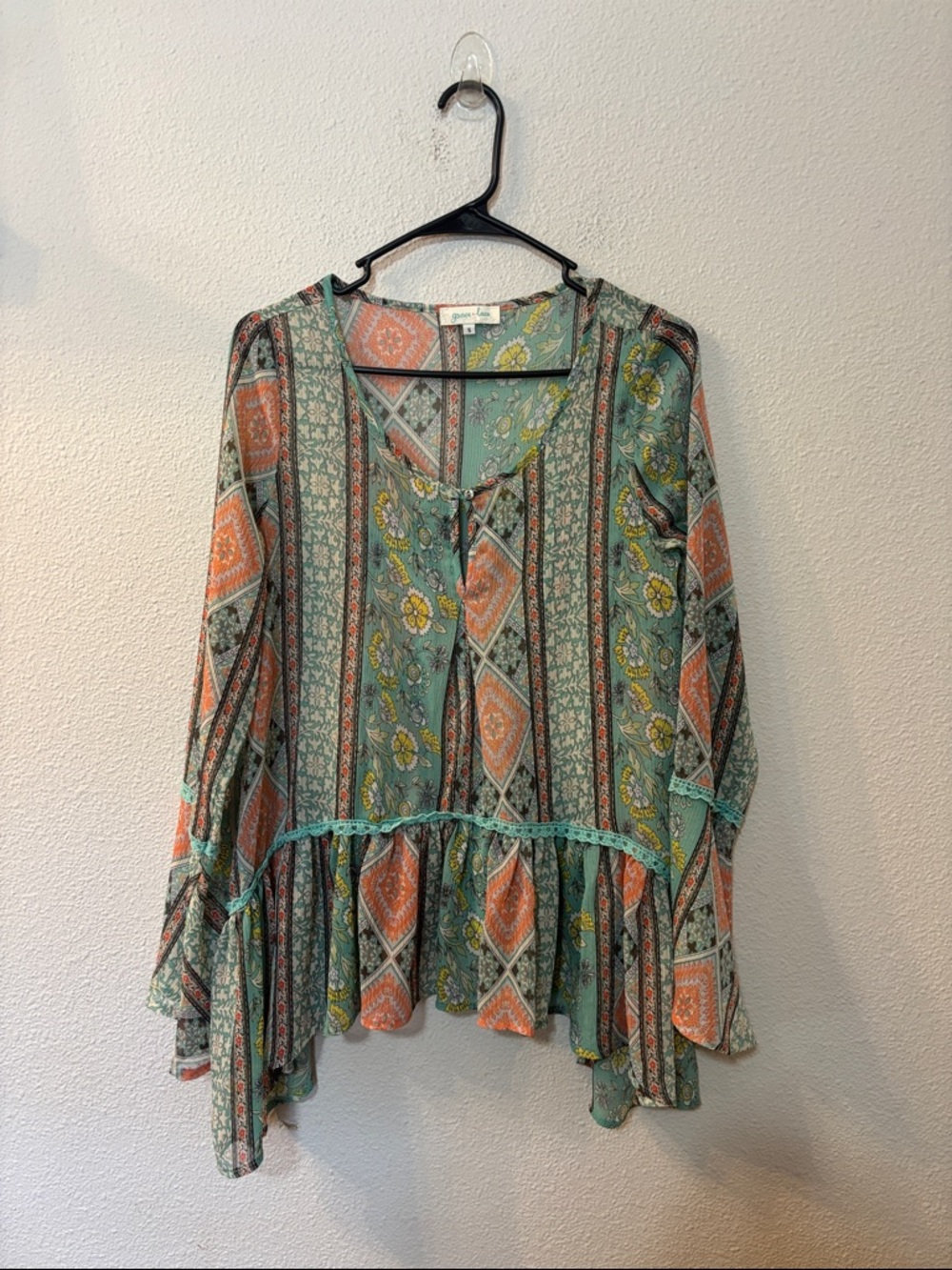 Grace & Lace Boho Tie-Front Tunic in Mint and Coral